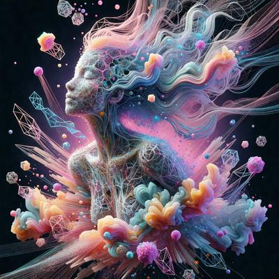 The primary subject of the image is a woman, who is the main focus of the artwork. She is depicted in a digital art style, with a vibrant and colorful background. The setting includes a variety of shapes, colors, and patterns, creating a visually engaging and dynamic scene. The woman is surrounded by a mix of geometric shapes, flowers, and other elements, which contribute to the overall atmosphere of the image.